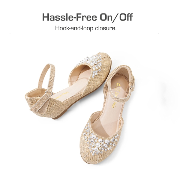 Girls Pearl Low Wedge Shoes - GOLD-GLITTER - 4